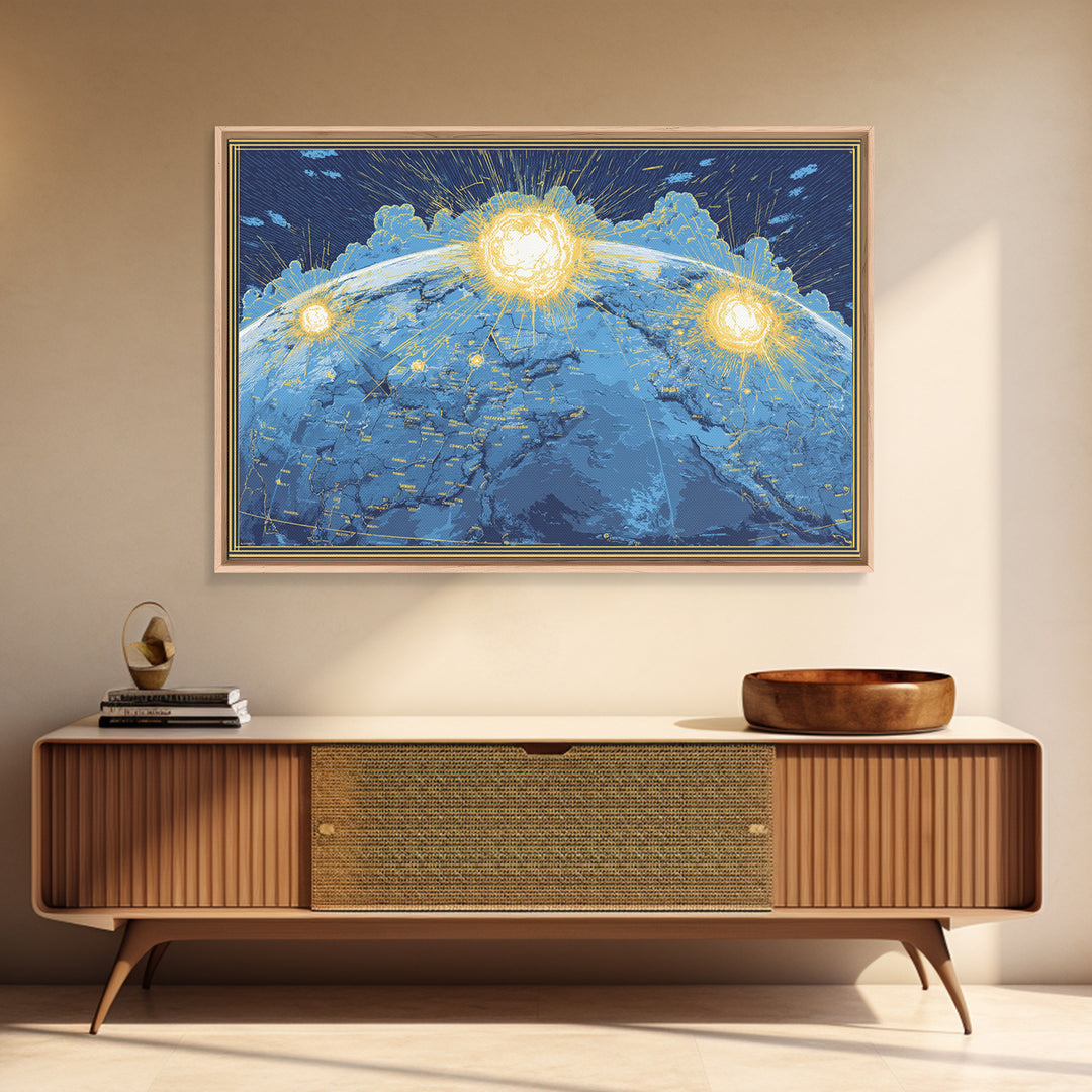 Illuminated Blue Earth Map With Three Suns Wall Art, Celestial Modern Artwork, Space Poster Decor, Global Framed Canvas Print