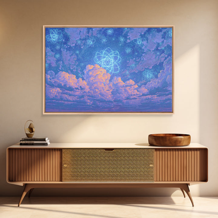Dreamy Atomic Cloud Sky Wall Art, Pastel Space Poster, Celestial Midcentury Modern Decor, Blue Nursery Office Canvas Print