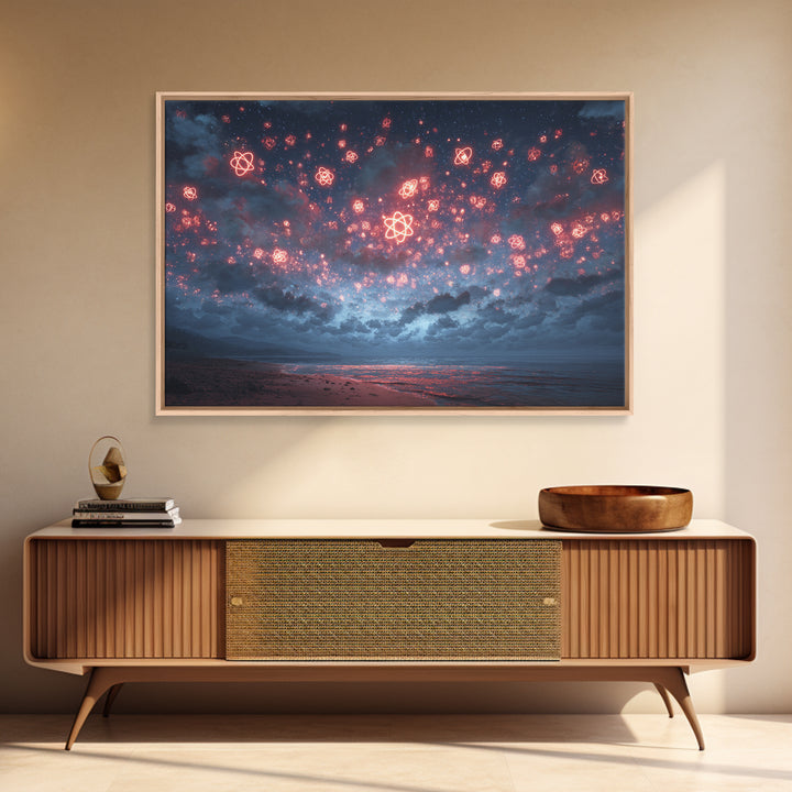Red Atomic Night Sky Over Stormy Ocean Wall Art, Sci Fi Retro Art Print, Cosmic Retro Art, Space Abstract Art, Modern Wall Decor