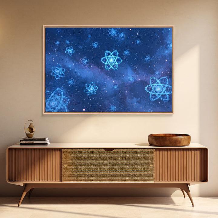 Blue Neon Atoms In Starry Nebula Canvas Print, Science Wall Art, Cosmic Retro Art, Modern Digital Art, Space Poster Decor