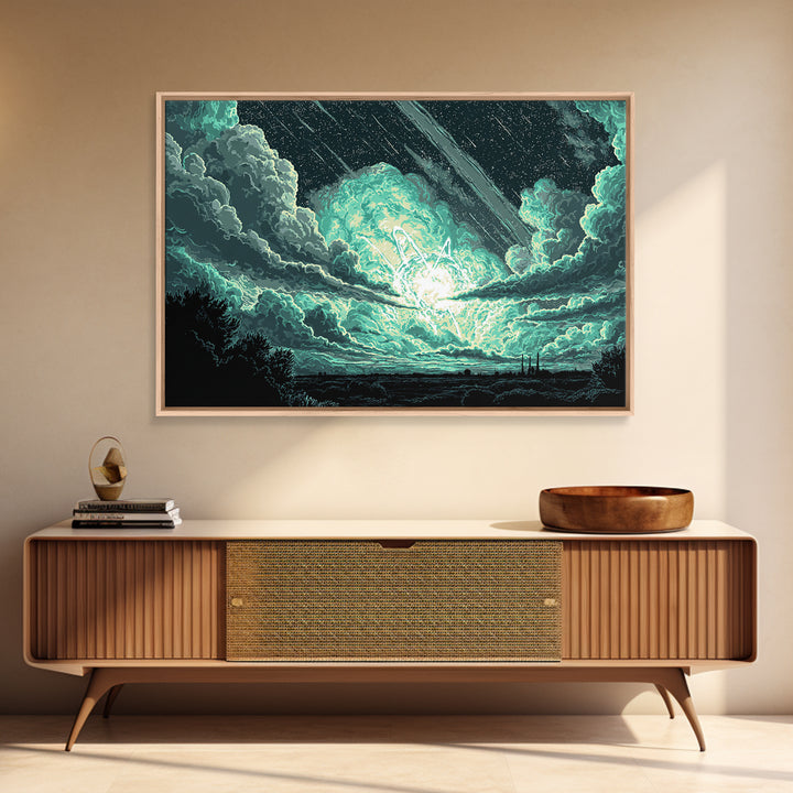 Glowing Meteor Burst In Emerald Clouds Wall Art, Pixel Sci Fi Landscape, Retro Art Poster, Space Abstract Art, Modern Wall Decor