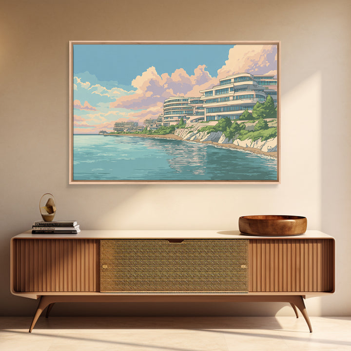 Pastel Coastal Modernist Apartments Canvas Print, Seaside Wall Art, Contemporary Print, Neutral Blue Home Decor, Ocean View Poster