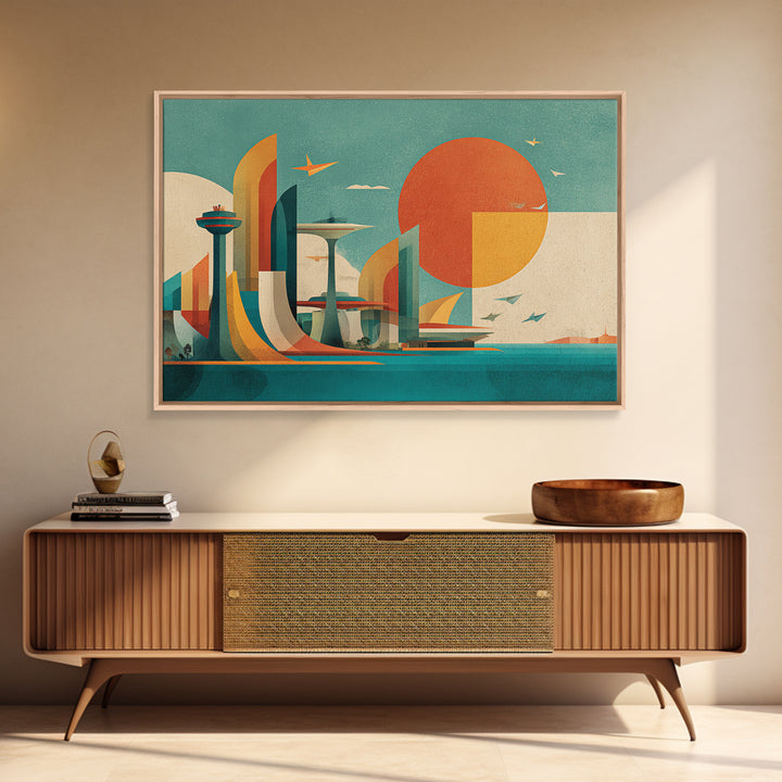 Geometric Futuristic City With Orange Sun Wall Art, Midcentury Modern Art, Atomic Retro Poster, Bauhaus Inspired Home Decor