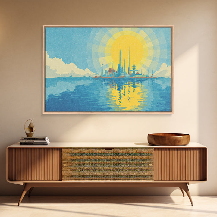 Radiant Sun Over Future Island Skyline Canvas Print, Retro Futuristic Wall Art, Blue Travel Poster, Modern Coastal Decor