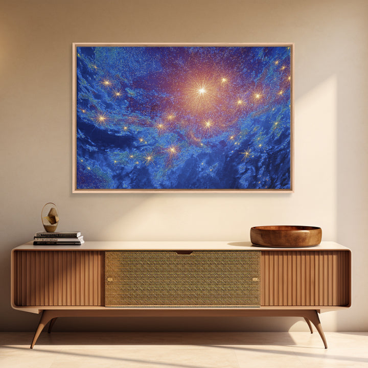 Blue Cosmic Starfield Nebula Wall Art, Galaxy Abstract Space Poster, Modern Digital Art, Celestial Home Decor Canvas Print