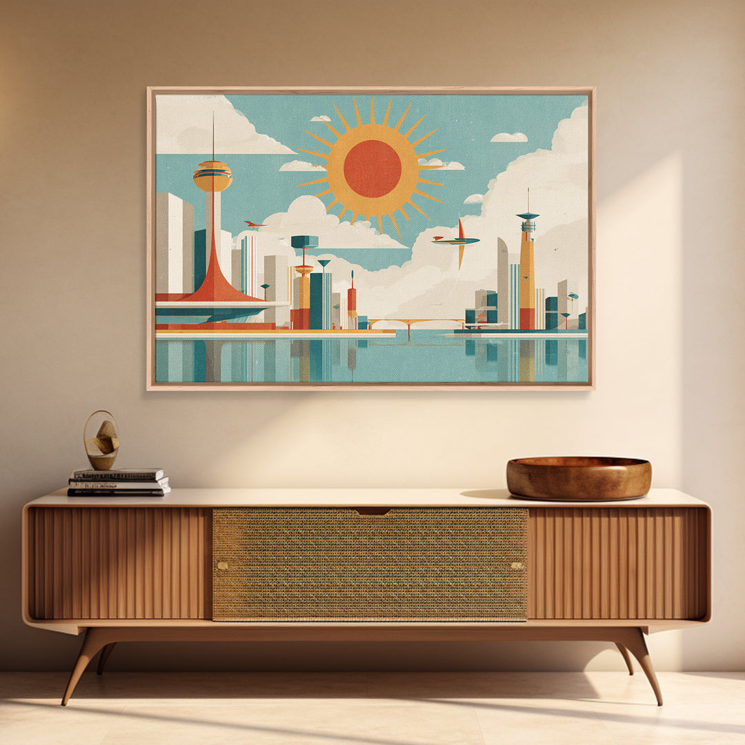 Midcentury Space Age City With Sunburst Wall Art, Atomic Retro Art Print, Geometric Poster, Modern Wall Decor, Mcm Home Decor