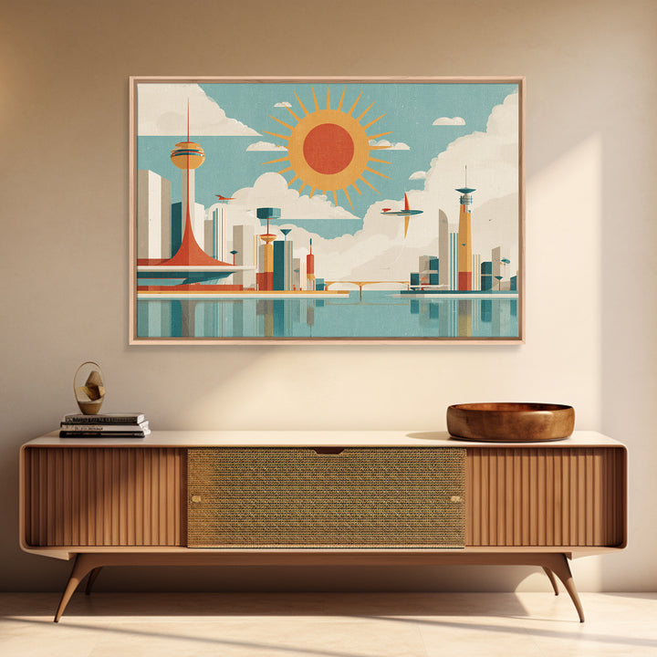 Midcentury Space Age City With Sunburst Wall Art, Atomic Retro Art Print, Geometric Poster, Modern Wall Decor, Mcm Home Decor