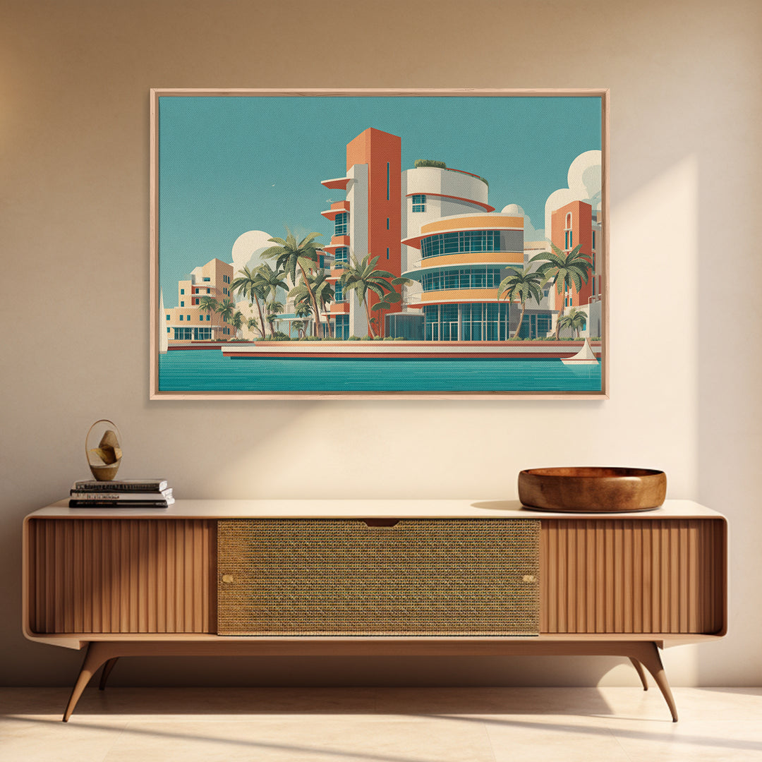 Art Deco Waterfront Hotel With Palm Trees Wall Art, Mid Century Modern Poster, Retro Travel Print, Palm Springs Decor, Home Decor
