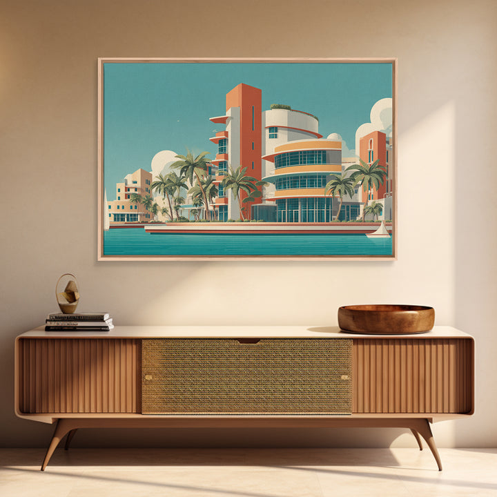 Art Deco Waterfront Hotel With Palm Trees Wall Art, Mid Century Modern Poster, Retro Travel Print, Palm Springs Decor, Home Decor