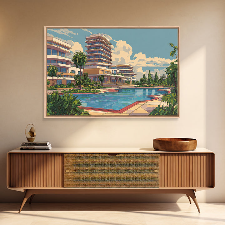 Sunny Resort Pool And Palm Terrace Framed Canvas Print, Mid Century Modern Wall Art, Retro Travel Poster, Office Decor Print