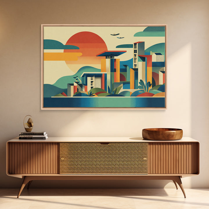 Geometric Coastal City Sunset Canvas Print, Mid Century Modern Wall Art, Bauhaus Poster, Colorful Abstract Home Decor Print