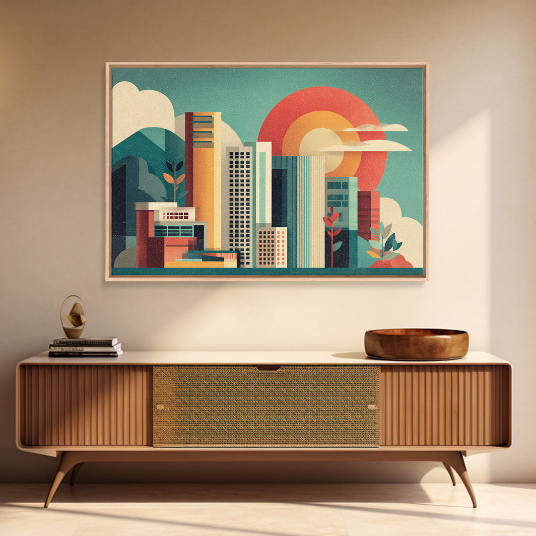 Modern City Skyline With Giant Sun Wall Art, Mid Century Modern Print, Geometric Abstract Poster, Colorful Office Decor Print