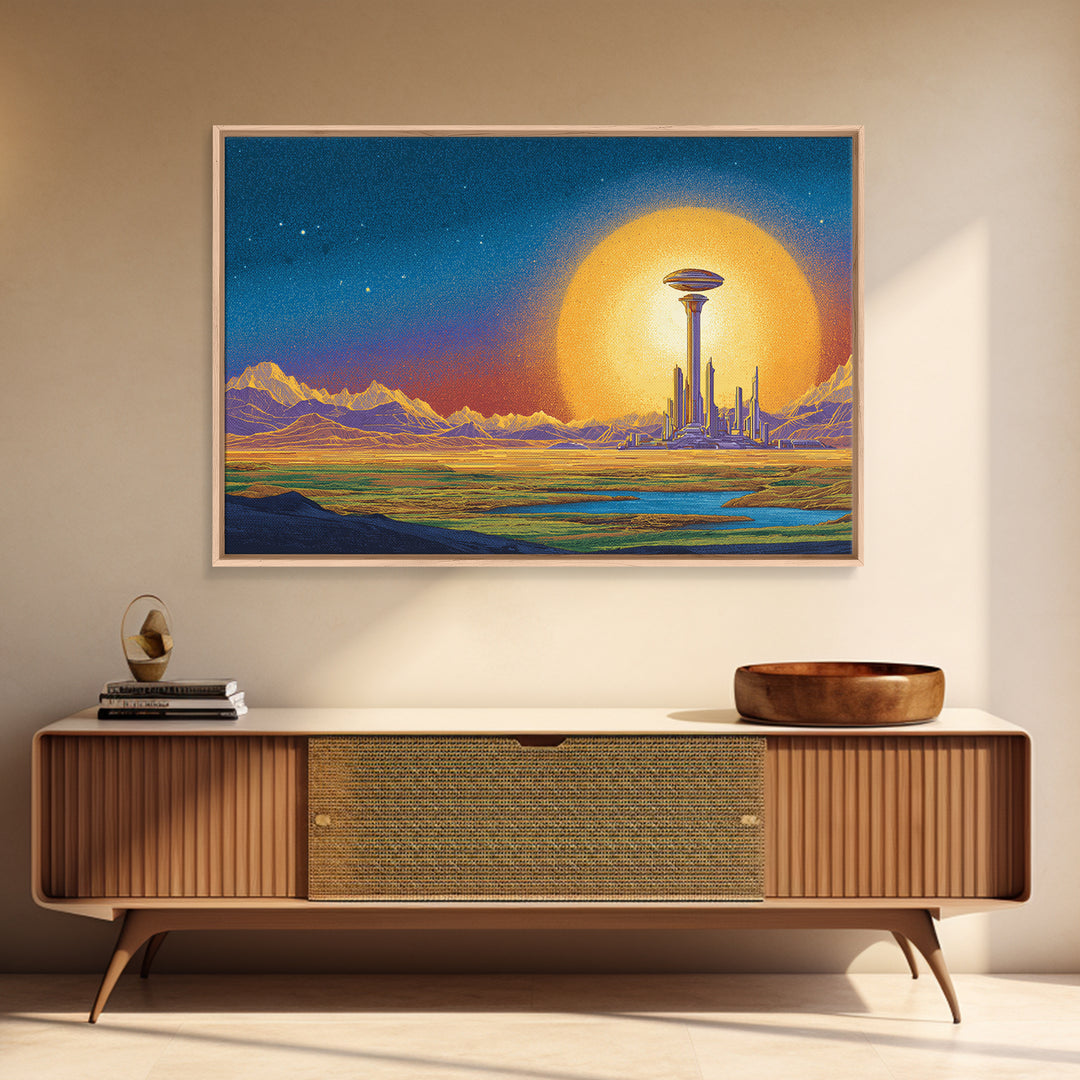 Retro Futuristic Space City With Golden Moon Wall Art, Mid Century Modern Poster, Sci Fi Landscape Print, Man Cave Decor