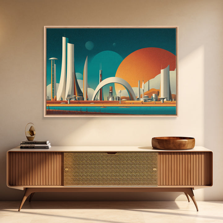 Futurist White Towers And Arched City Canvas Print, Mid Century Modern Wall Art, Retro Sci Fi Poster, Large Wall Decor Print