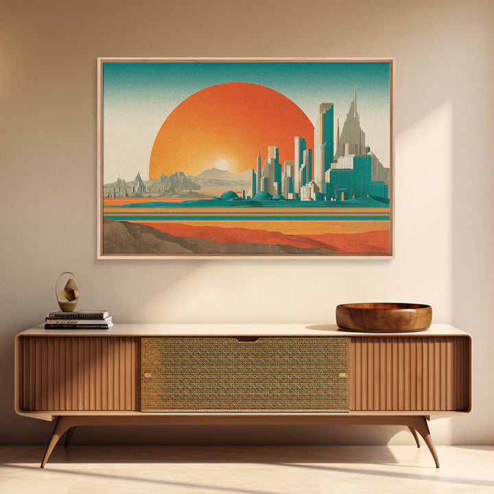Desert Metropolis With Giant Orange Sun Framed Canvas Print, Mid Century Modern Wall Art, Retro Futuristic Poster, Office Decor