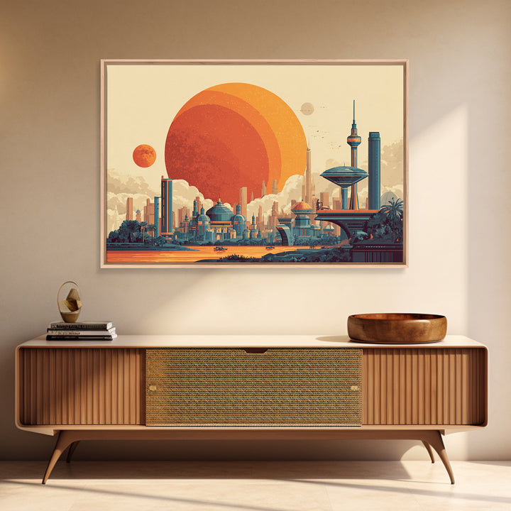 Futuristic Planet Skyline With Domed City Wall Art, Mid Century Modern Poster, Retro Sci Fi Print, Colorful Home Decor Print