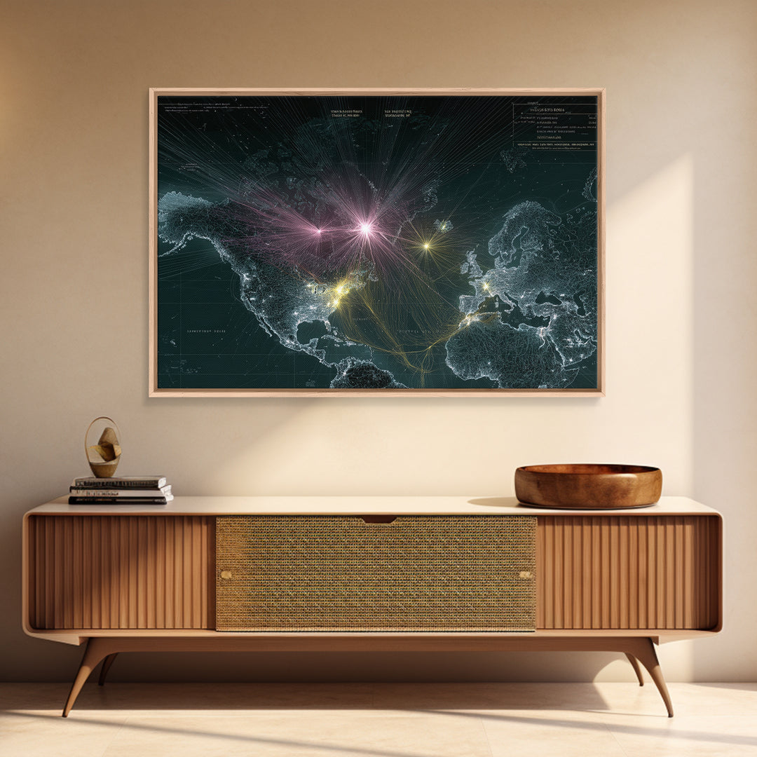 Glowing World Map Network Lights Wall Art, Modern Digital Data Artwork, Global Travel Decor, Sci Fi Space Framed Canvas Print