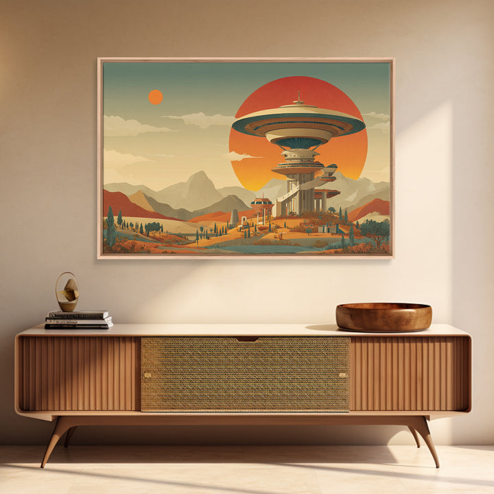 Retro Space Age Saucer Tower In Desert Framed Canvas Print, Mid Century Modern Wall Art, Sci Fi Poster, Statement Decor Print