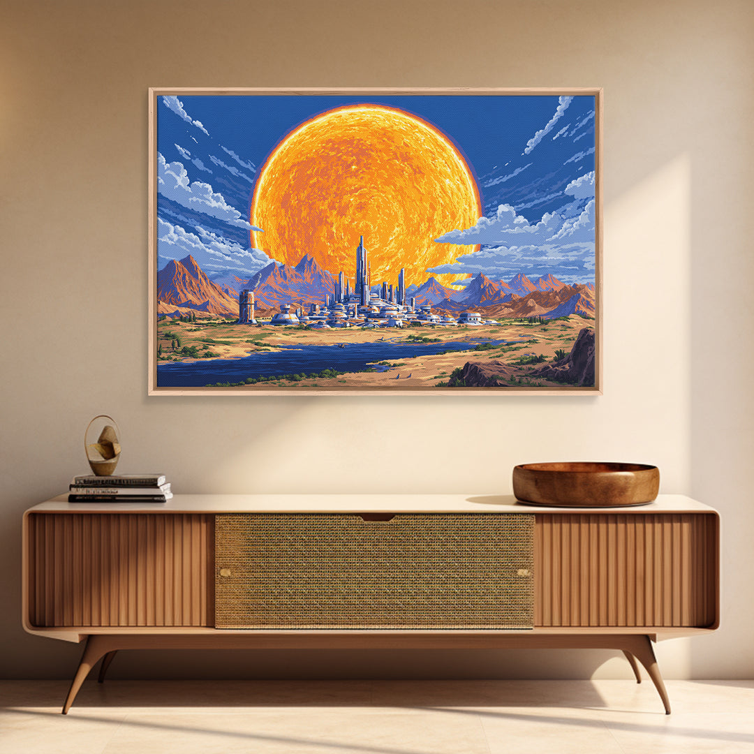 Futuristic Desert City With Giant Orange Sun Wall Art, Retro Sci Fi Poster, Midcentury Modern Art, MCM Space Decor, Living Room Decor