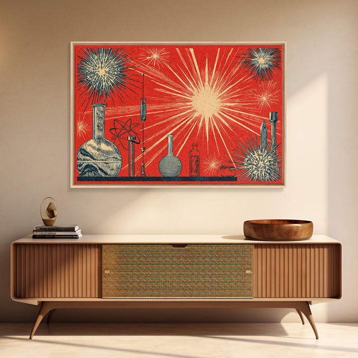 Atomic Science Lab Starburst Canvas Print, Midcentury Modern Art, Retro Wall Art, 1950s Design, Red Office Decor Poster Print