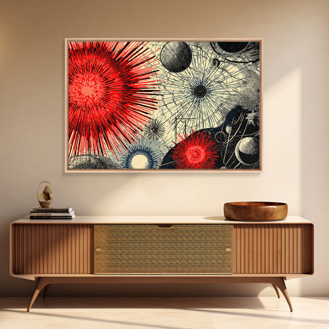 Red Black Cosmic Starburst Wall Art, Retro Space Abstract Art, Midcentury Modern Poster, Atomic Art Print, MCM Room Decor