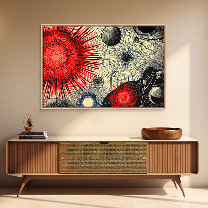 Red Black Cosmic Starburst Wall Art, Retro Space Abstract Art, Midcentury Modern Poster, Atomic Art Print, MCM Room Decor
