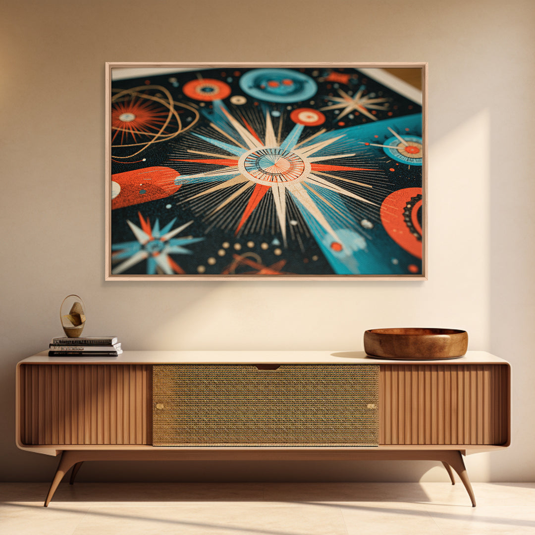 Teal Orange Atomic Starburst Framed Canvas Print, Midcentury Modern Wall Art, Retro Art Print, Space Age MCM Home Decor Poster