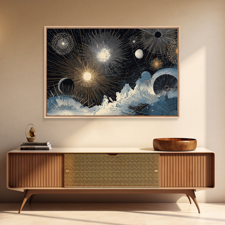 Night Sky Fireworks Over Ocean Waves Canvas Print, Celestial Wall Art, Modern Abstract Art, Blue Gold Living Room Decor Poster