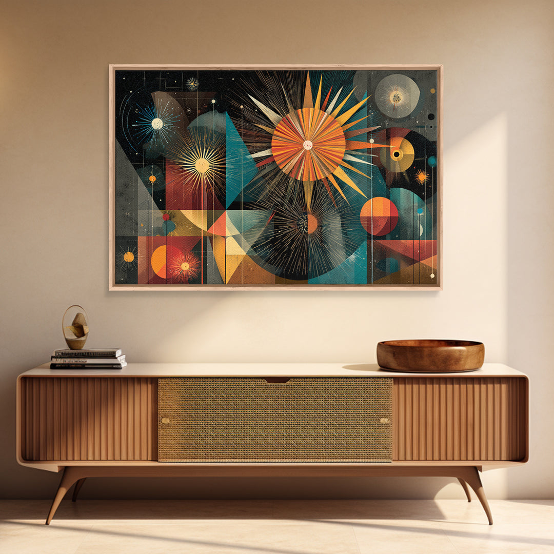 Colorful Atomic Sunburst Geometry Wall Art, Mid Century Modern Abstract Print, Retro MCM Decor, Bold Living Room Poster Gift