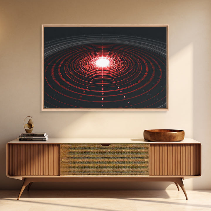 Glowing Red Orbit Disk Wall Art, Sci Fi Abstract Canvas Print, Futuristic Midcentury Modern Poster, Black Office Decor Print