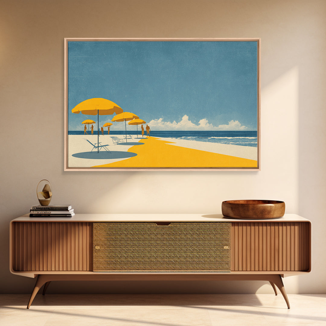 Yellow Beach Umbrellas And Blue Sea Wall Art, Retro Travel Canvas Print, Coastal Summer Poster, Bright Living Room Decor