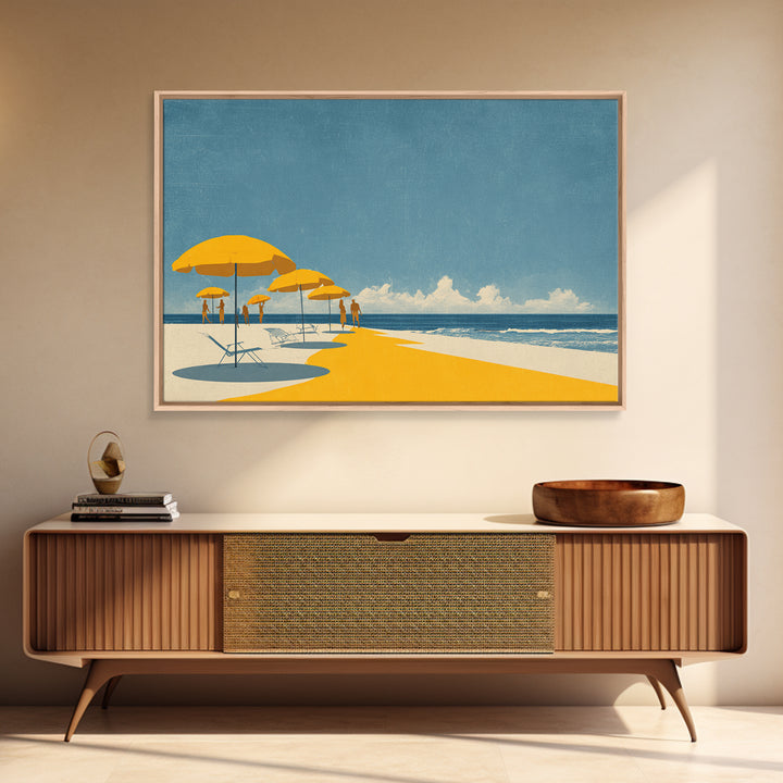 Yellow Beach Umbrellas And Blue Sea Wall Art, Retro Travel Canvas Print, Coastal Summer Poster, Bright Living Room Decor