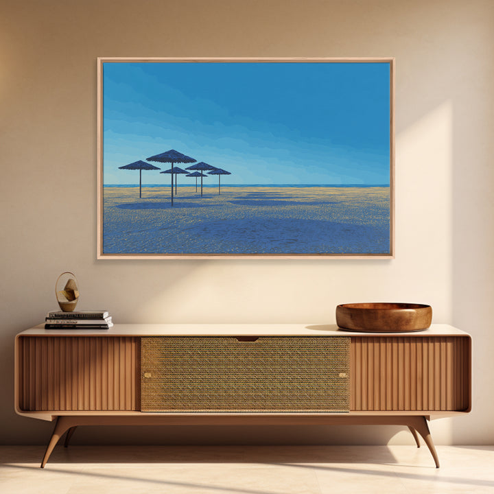 Blue Shoreline Umbrellas Wall Art, Minimal Coastal Canvas Print, Midcentury Modern Travel Poster, Calm Beach House Decor