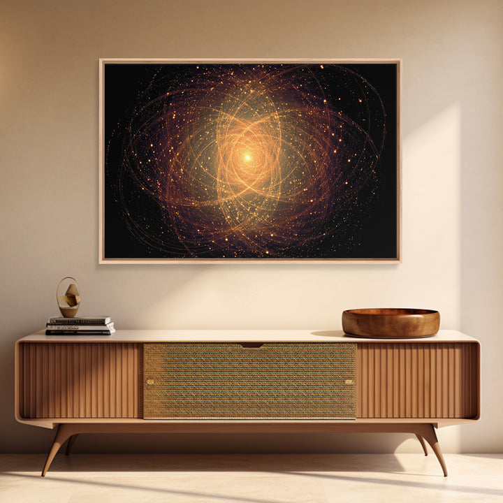 Golden Atomic Particle Orb Wall Art, Modern Abstract Art Print, Space Abstract Art, Midcentury Decor, Framed Canvas Print