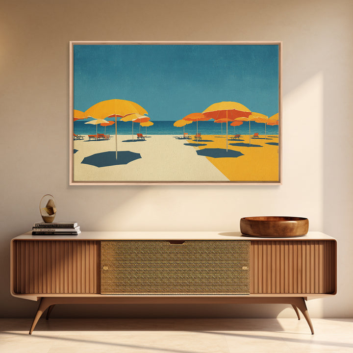 Sunny Yellow Beach Umbrellas Wall Art, Retro Coastal Canvas, Midcentury Modern Decor, Ocean Summer Print For Living Room