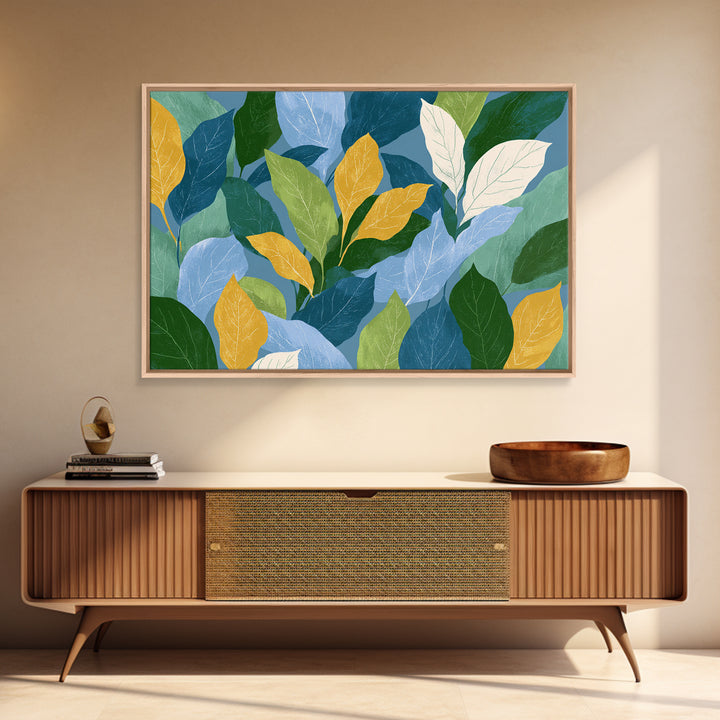 Layered Blue Green And Gold Leaves Wall Art, Botanical Midcentury Modern Art Print, Nature Decor For Bedroom Living Room