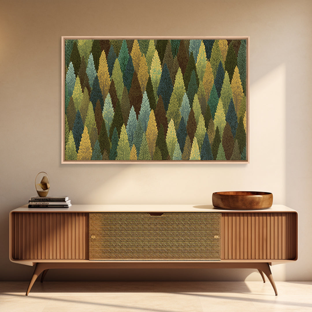 Textured Green Gold Forest Wall Art, Scandinavian Midcentury Modern Art Print, Nature Landscape Decor For Living Room Office