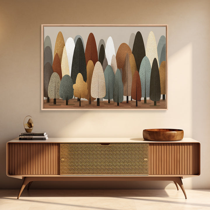 Neutral Earth Tone Stylized Trees Wall Art, Scandinavian Midcentury Modern Canvas Print, Minimalist Forest Decor For Home