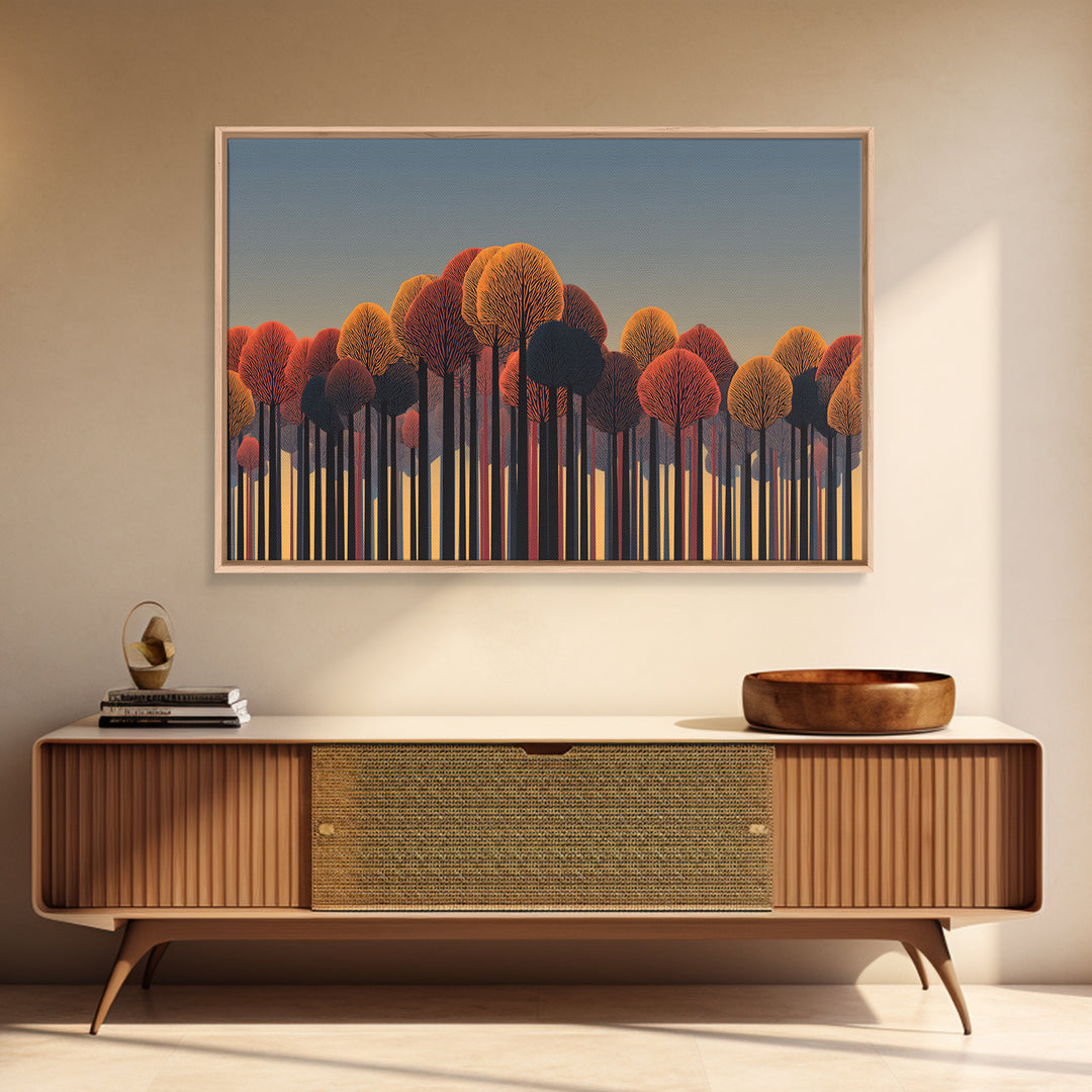 Autumn Orange Red Treeline Wall Art, Bold Midcentury Modern Canvas Print, Retro Forest Decor For Living Room Home Office