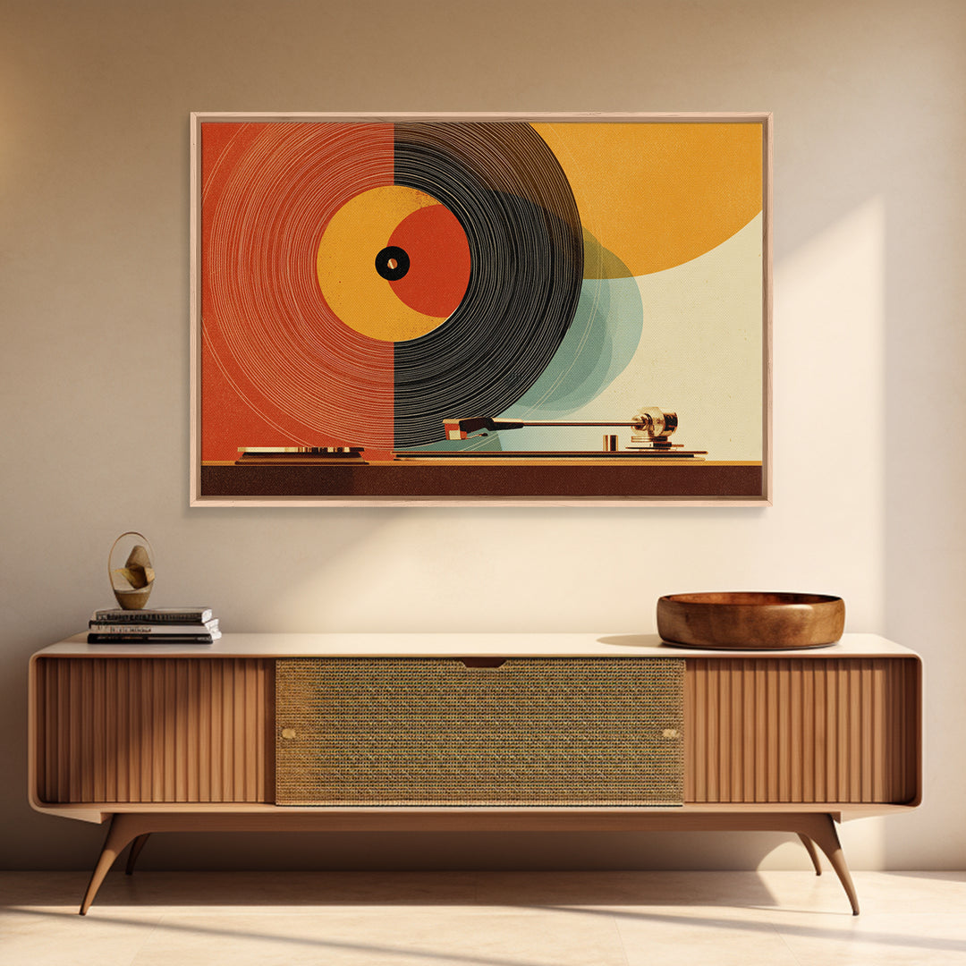 Orange Vinyl Turntable Abstract Wall Art, Mid Century Modern Music Poster, Retro Record Player Decor, Bold MCM Home Decor
