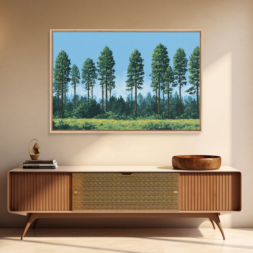 Tall Pine Forest Meadow Wall Art, Nature Landscape Canvas Print, Midcentury Modern Decor For Cabin Living Room Office Art