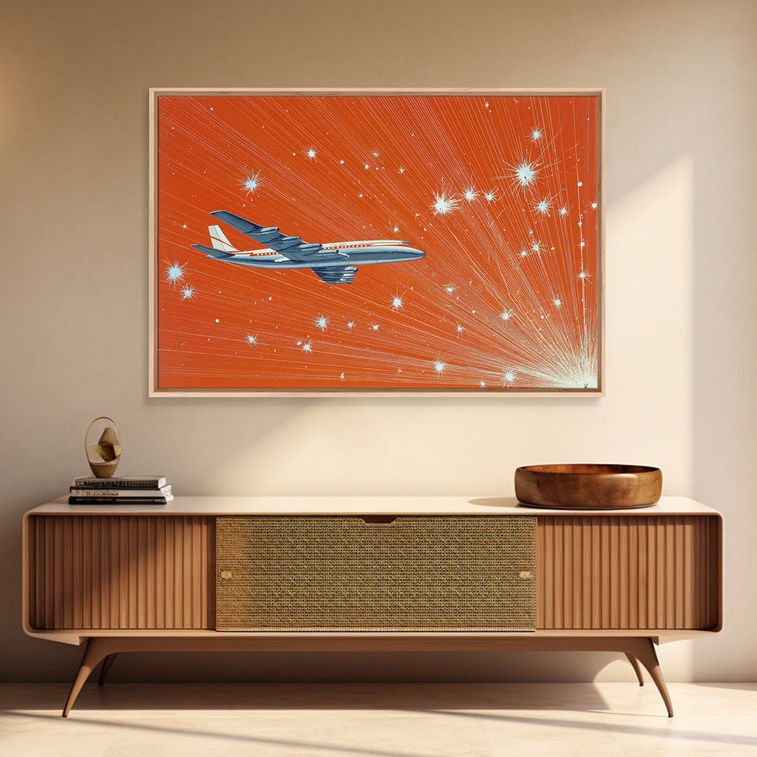 Orange Starburst Jet Canvas Print, Midcentury Modern Wall Art, Retro Aviation Poster, Bold Atomic Travel Decor Gift For Him