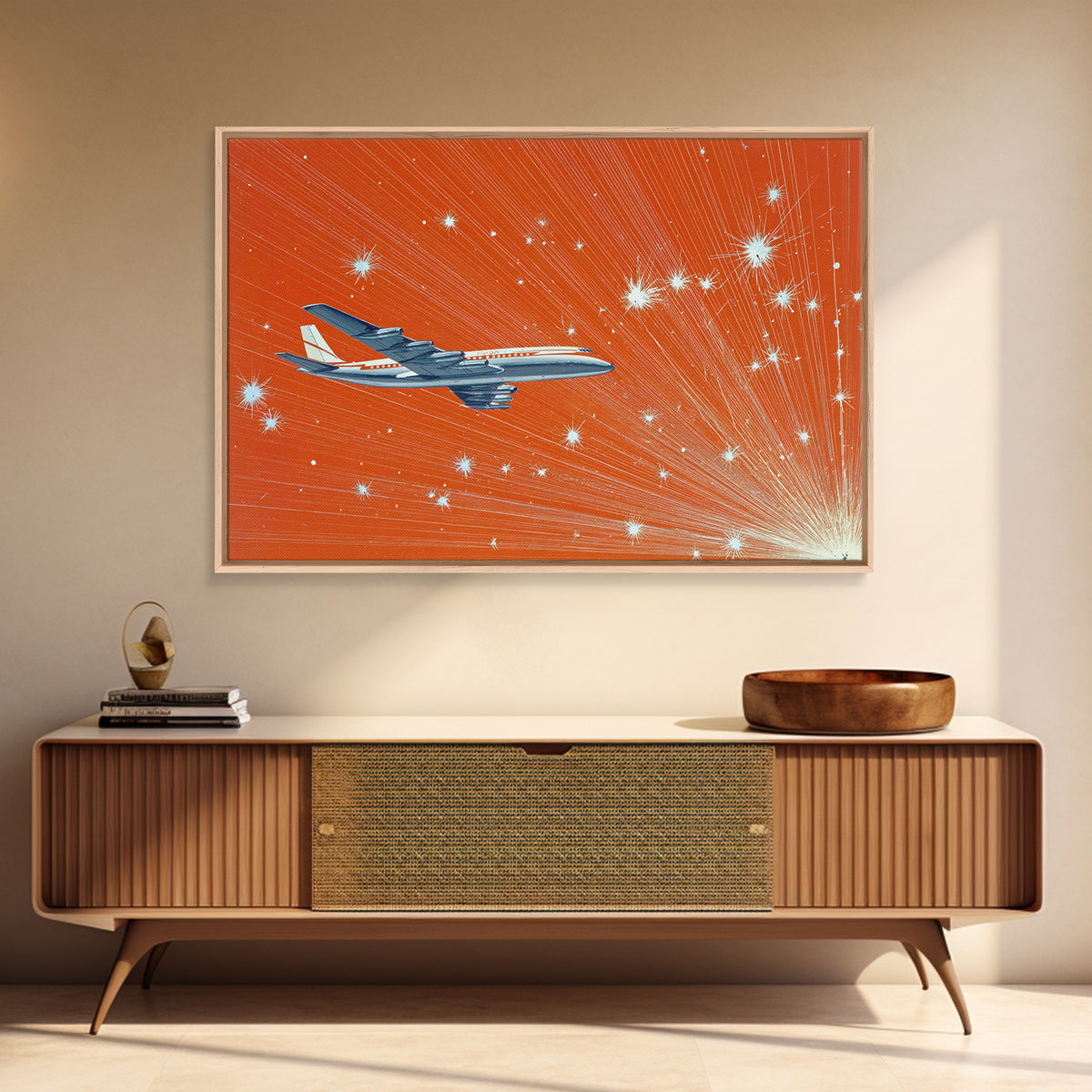 Orange Starburst Jet Canvas Print, Midcentury Modern Wall Art, Retro Aviation Poster, Bold Atomic Travel Decor Gift For Him