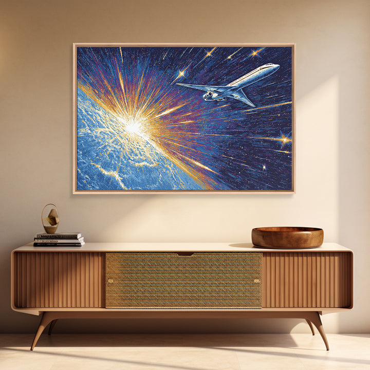 Space Age Jet Over Earth Wall Art, Midcentury Modern Poster, Retro Sci Fi Aviation Print, Blue Atomic Home Decor Gift For Him