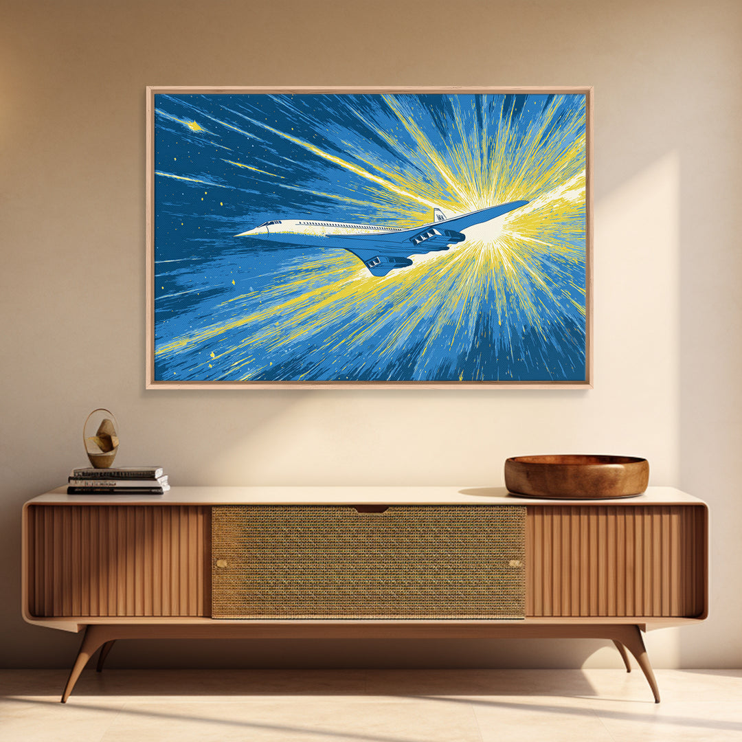 Supersonic Jet Burst Framed Canvas Print, Midcentury Modern Wall Art, Retro Sci Fi Poster, Blue Yellow Aviation Home Decor