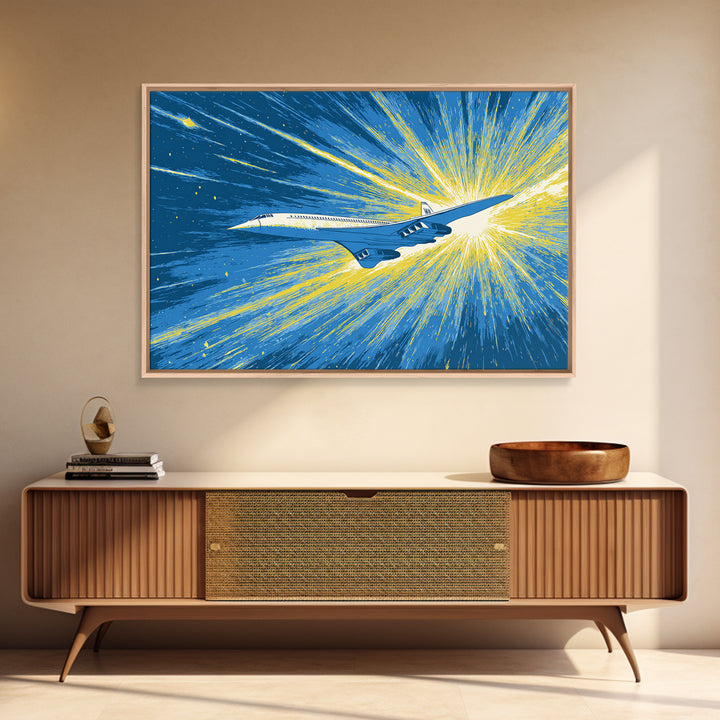Supersonic Jet Burst Framed Canvas Print, Midcentury Modern Wall Art, Retro Sci Fi Poster, Blue Yellow Aviation Home Decor