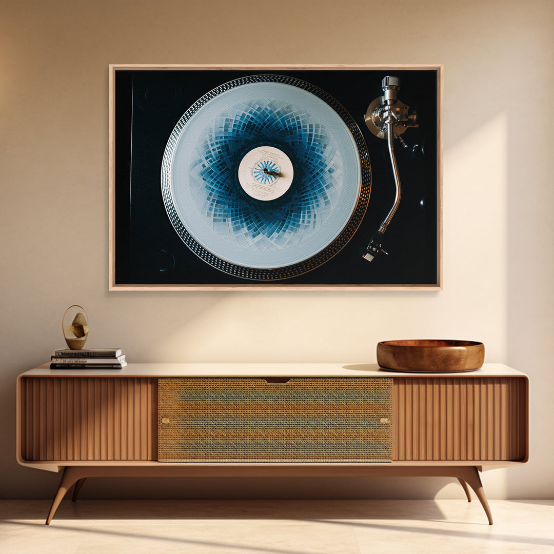 Blue Spirograph Vinyl Record Framed Canvas Print, Modern Music Wall Decor, Turntable Photography, Geometric MCM Art Print