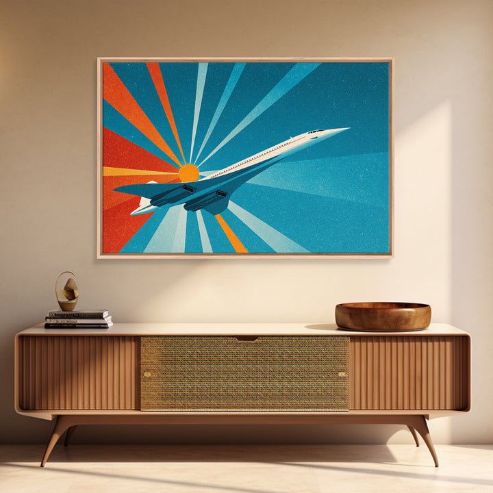 Retro Jet Sunrise Rays Canvas Print, Midcentury Modern Wall Art, Atomic Aviation Poster, Teal Orange Travel Decor Gift For Him