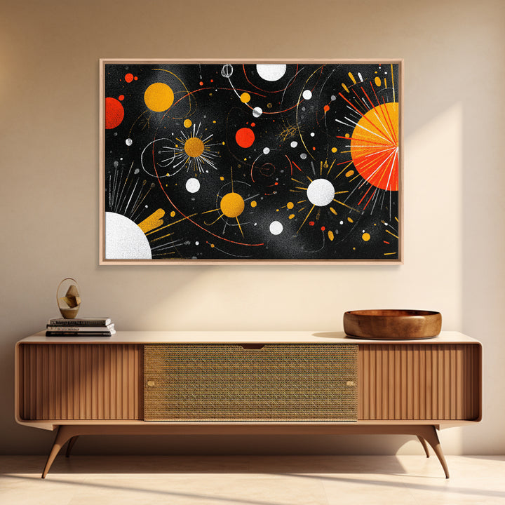 Atomic Black Cosmic Orbits With Red And Gold Suns Wall Art, Mid Century Modern Space Abstract Print, Retro MCM Wall Decor