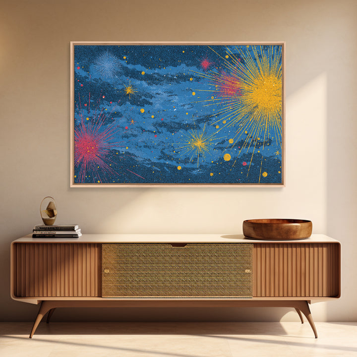 Blue Nebula Sky With Yellow Pink Starbursts Canvas Print, Mid Century Modern Space Abstract Art, Retro Colorful Wall Decor